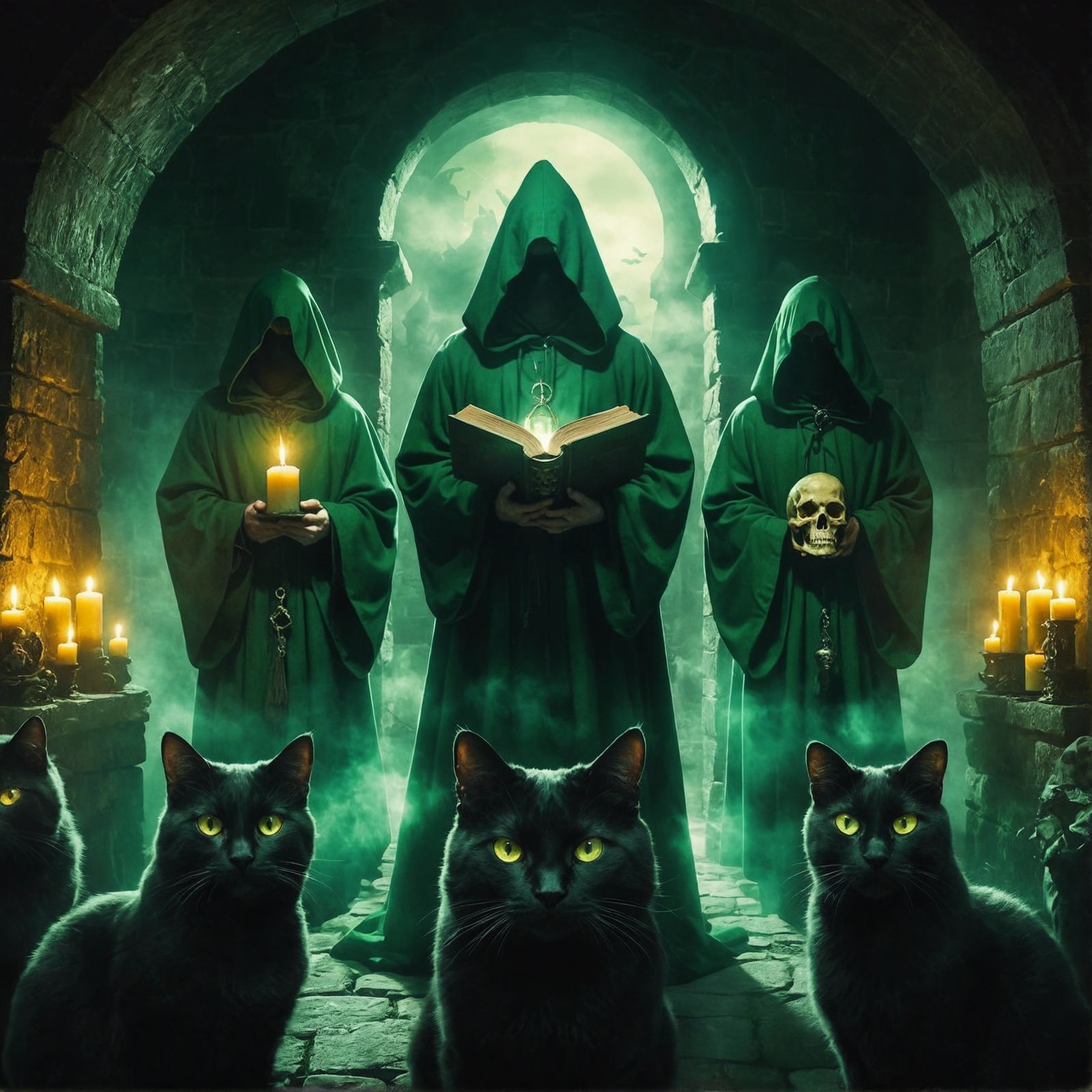 Ominous Hooded Figures in Green Light