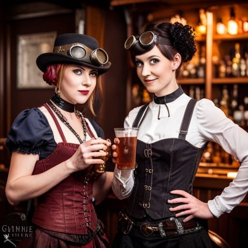 Two steampunk girls celebrating the start of the weekend