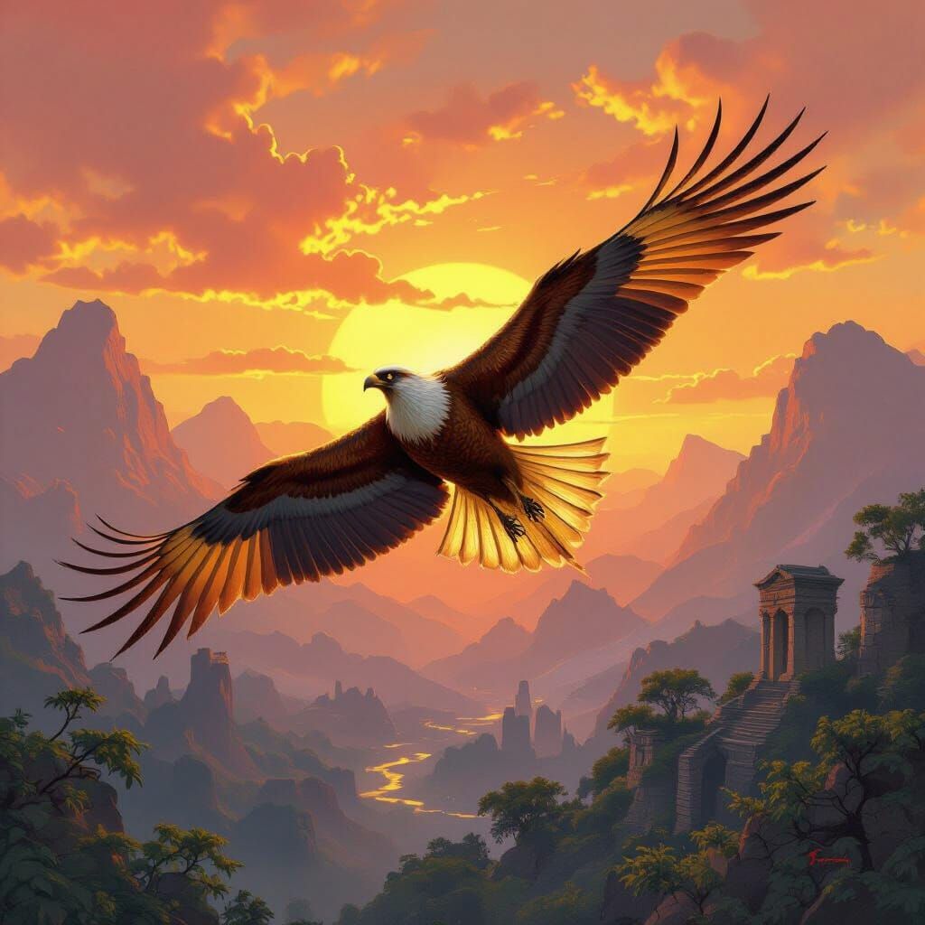 Majestic Bird Soaring Over Ancient Ruins