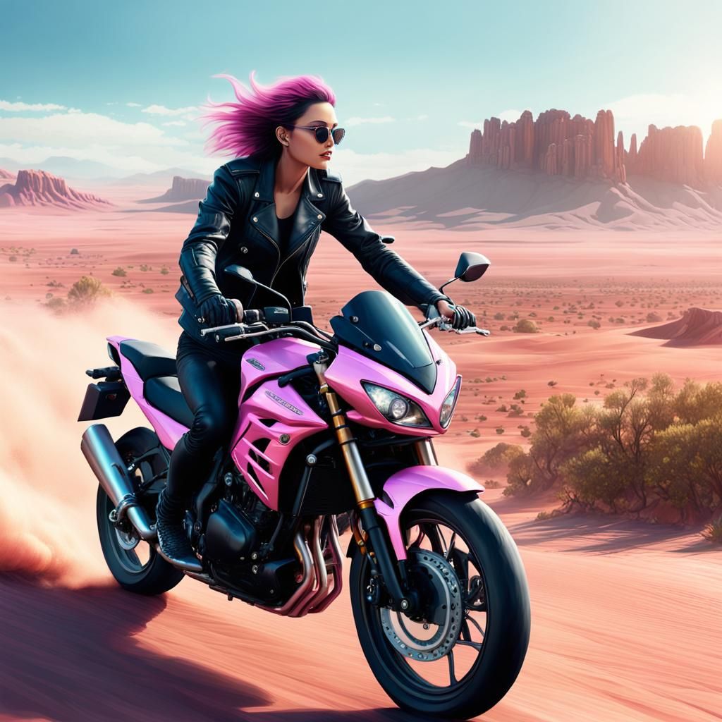 Woman on Pink Motorcycle in Desert, Detailed Digital Art