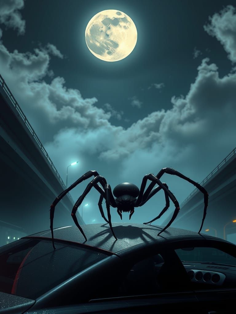 Octopus Spider on Car Roof in Futuristic Style