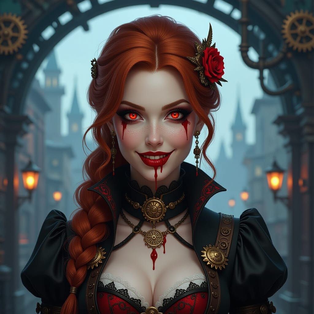 Steampunk Vampire with Blood Red Eyes in a Detailed City