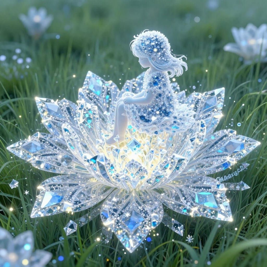 Child in Crystal Field with Glowing Flowers