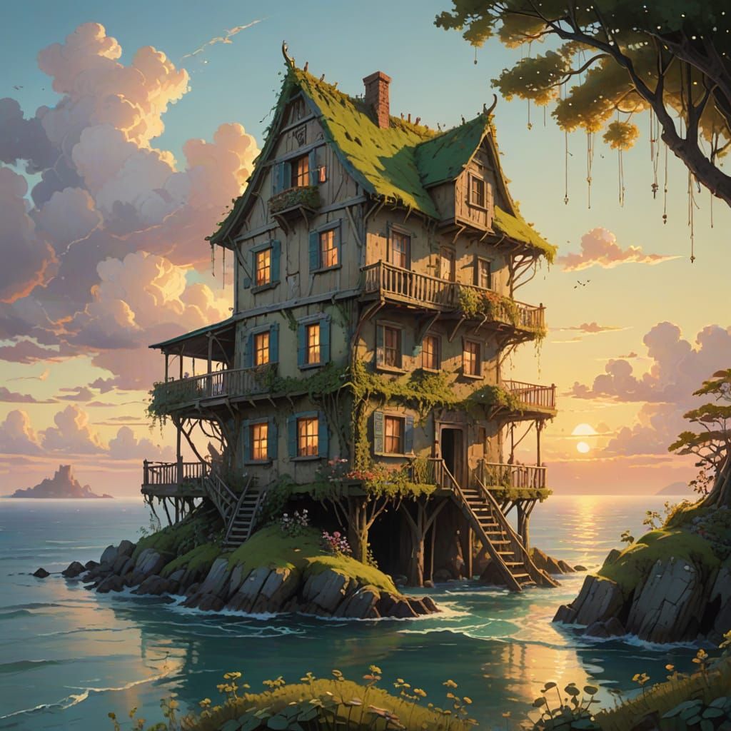 Whimsical Island Abode in Dreamy Sunset Light