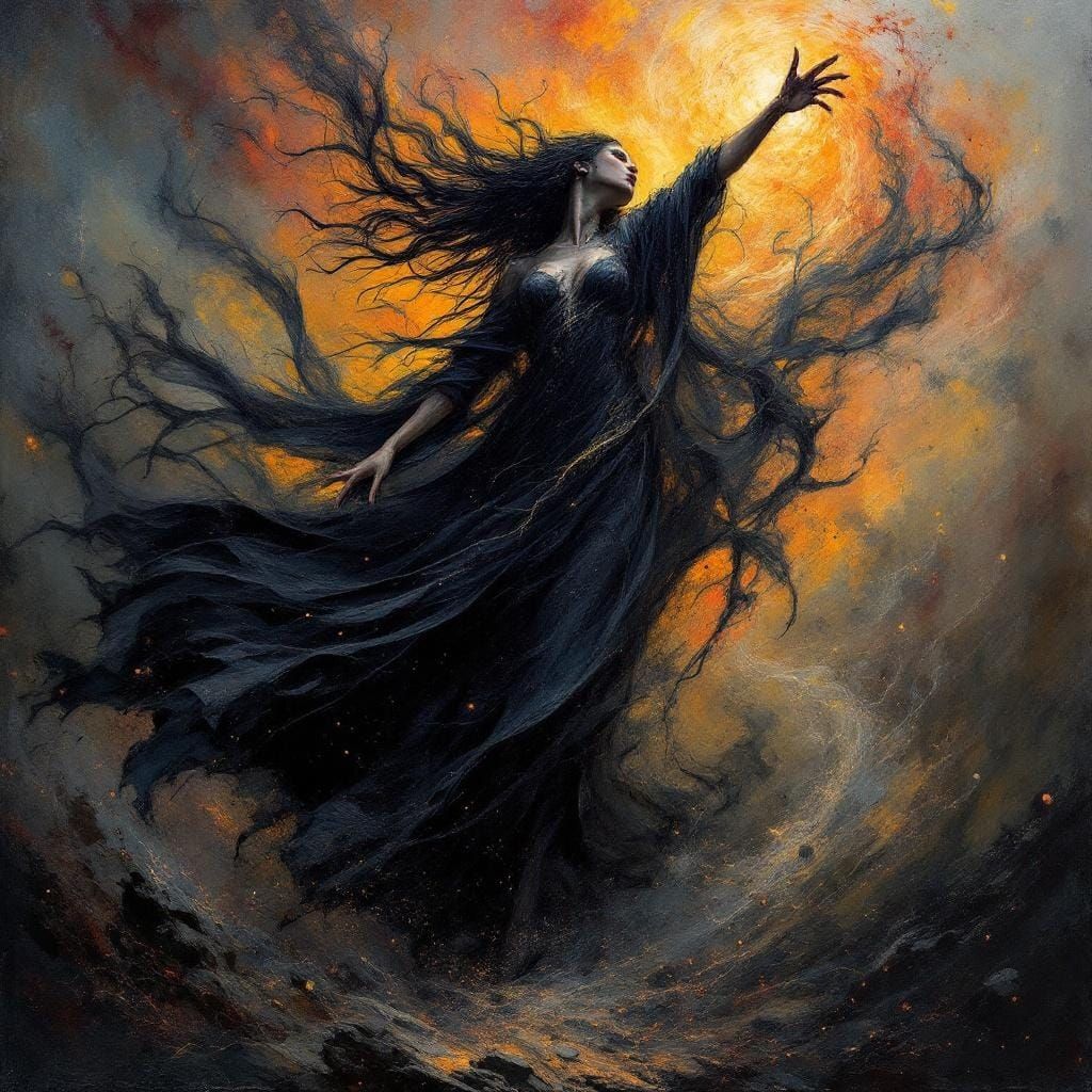 Black Magic Woman Dancing in Acrylic Palette Knife Style