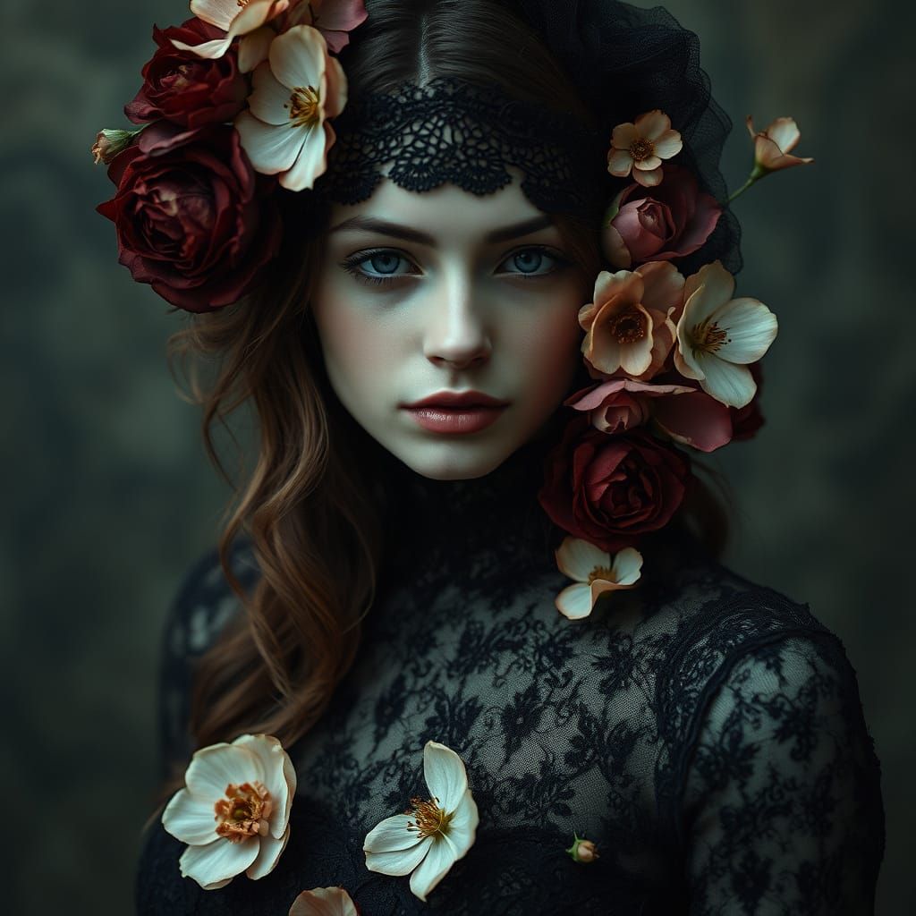 Ethereal Woman in Black Lace with Withered Blooms