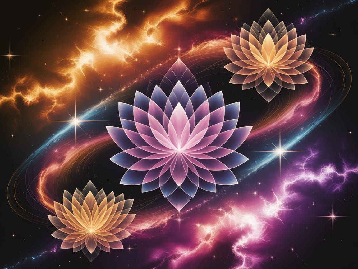 Cosmic Lotus Dance in Vibrant, Ethereal Hues