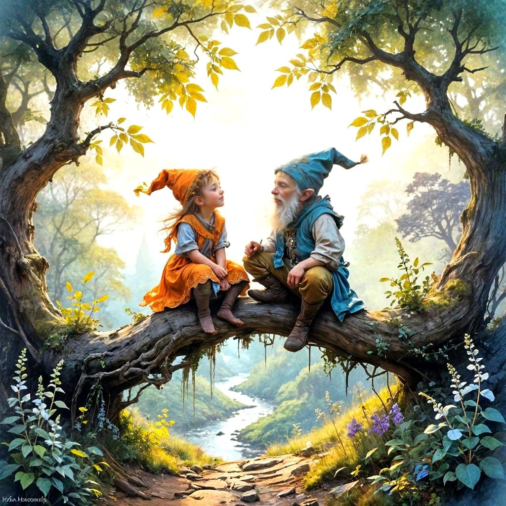 Laughing Elf and Dwarf Children in Forest Landscape