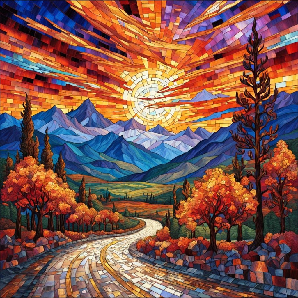 Vibrant Mosaic Landscape at Sunset in Stained Glass Style