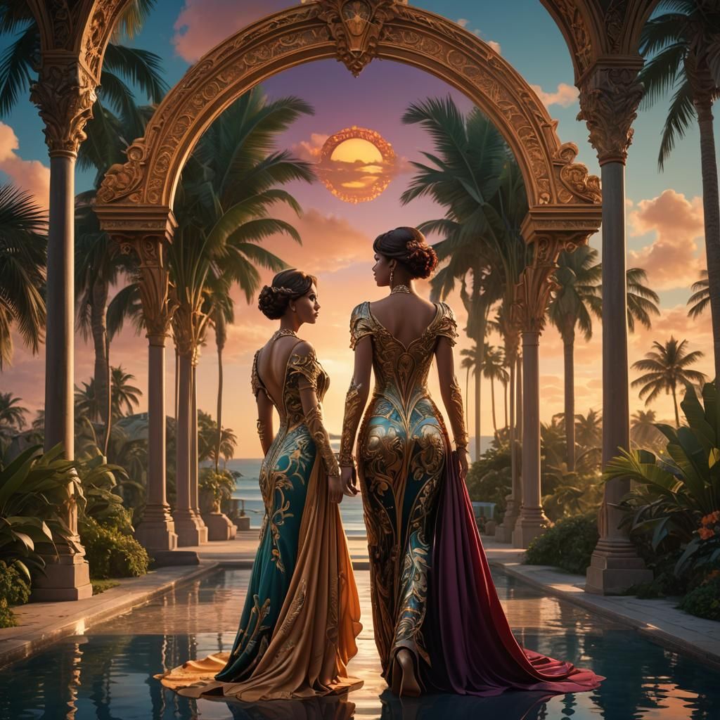 Art Nouveau Palm Beach Sunrise with Two Women