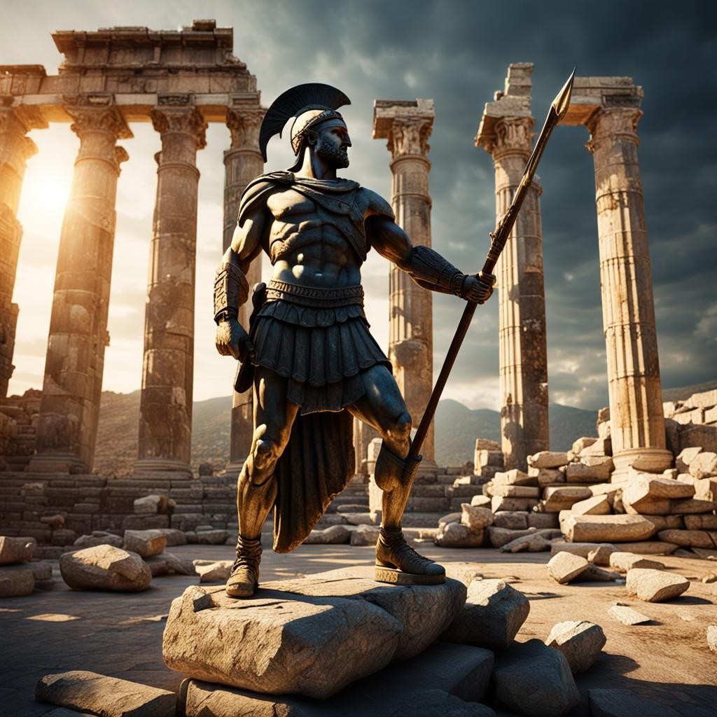 Spartan Warrior Sculpture in Ruined Temple