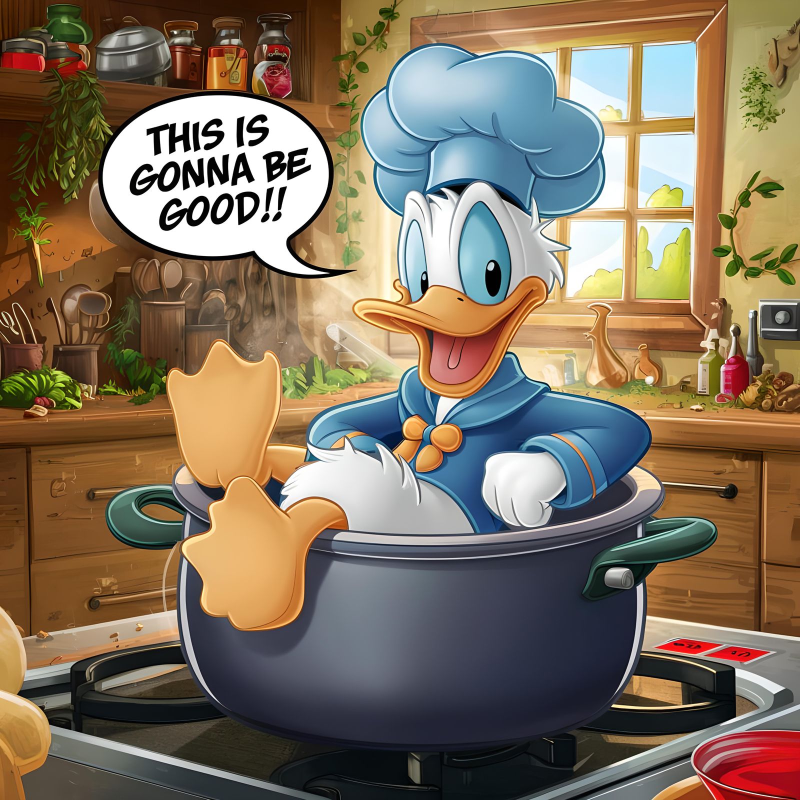 Donald Duck Prepares Himself in Cooking Pot