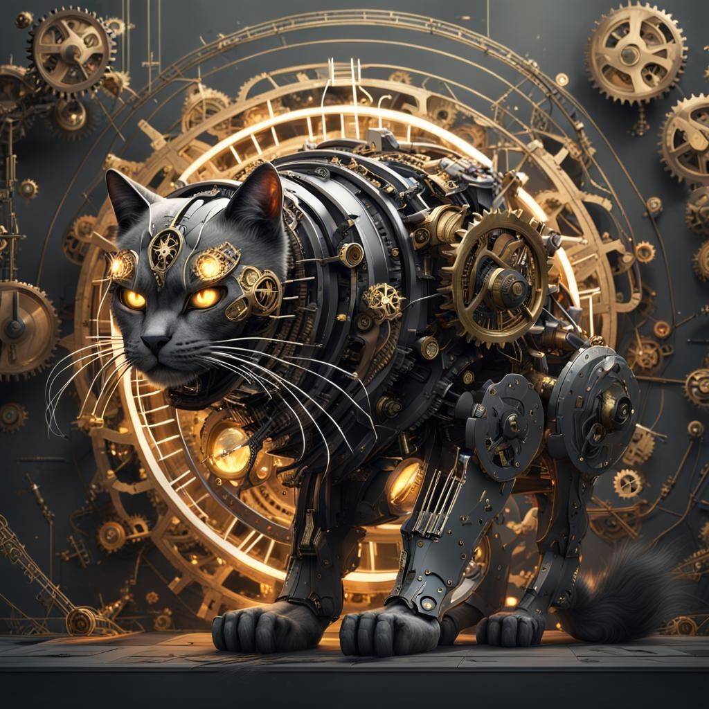 Steampunk Mechanical Cat in Combat Stance