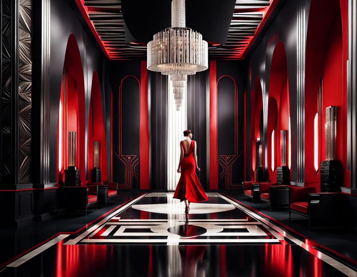 Art Deco Fashion Model on Runway in Silver, Black and Red