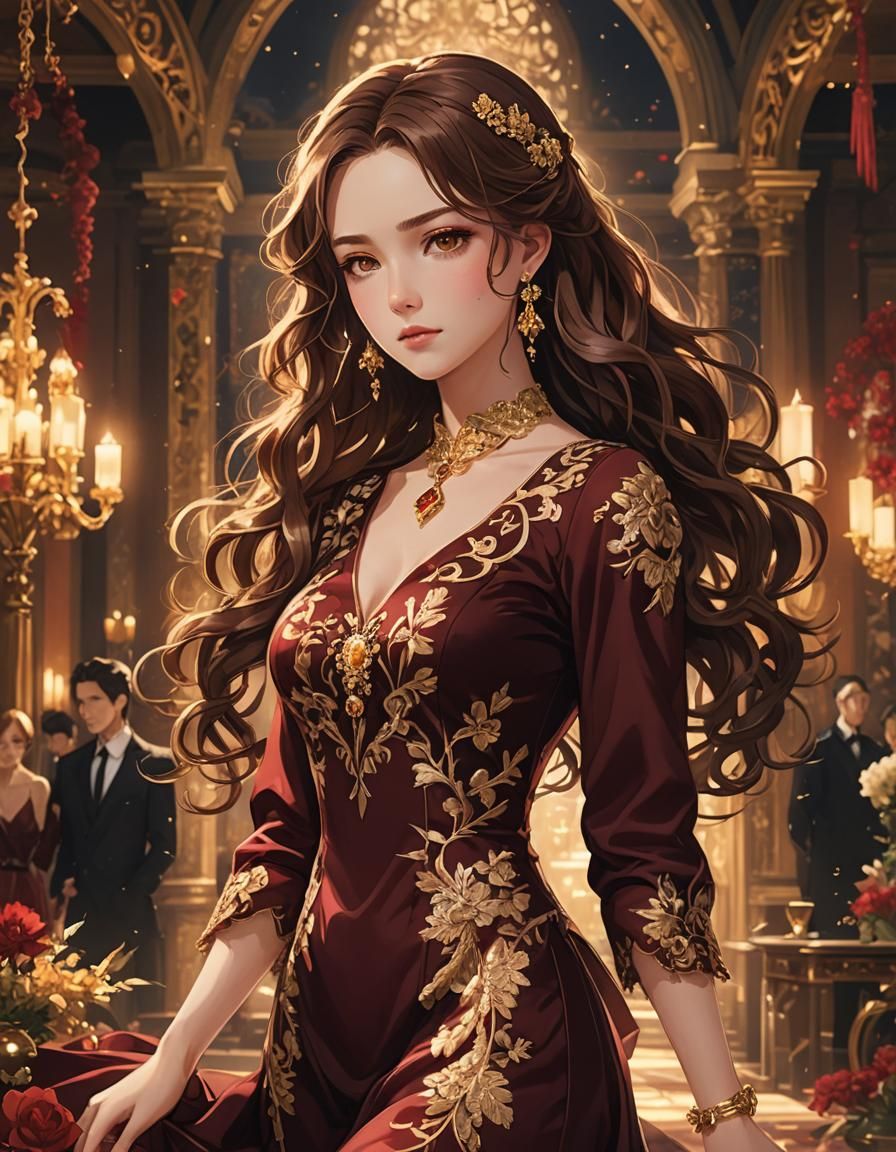 Elegant Anime Woman in Red Dress, Digital Art