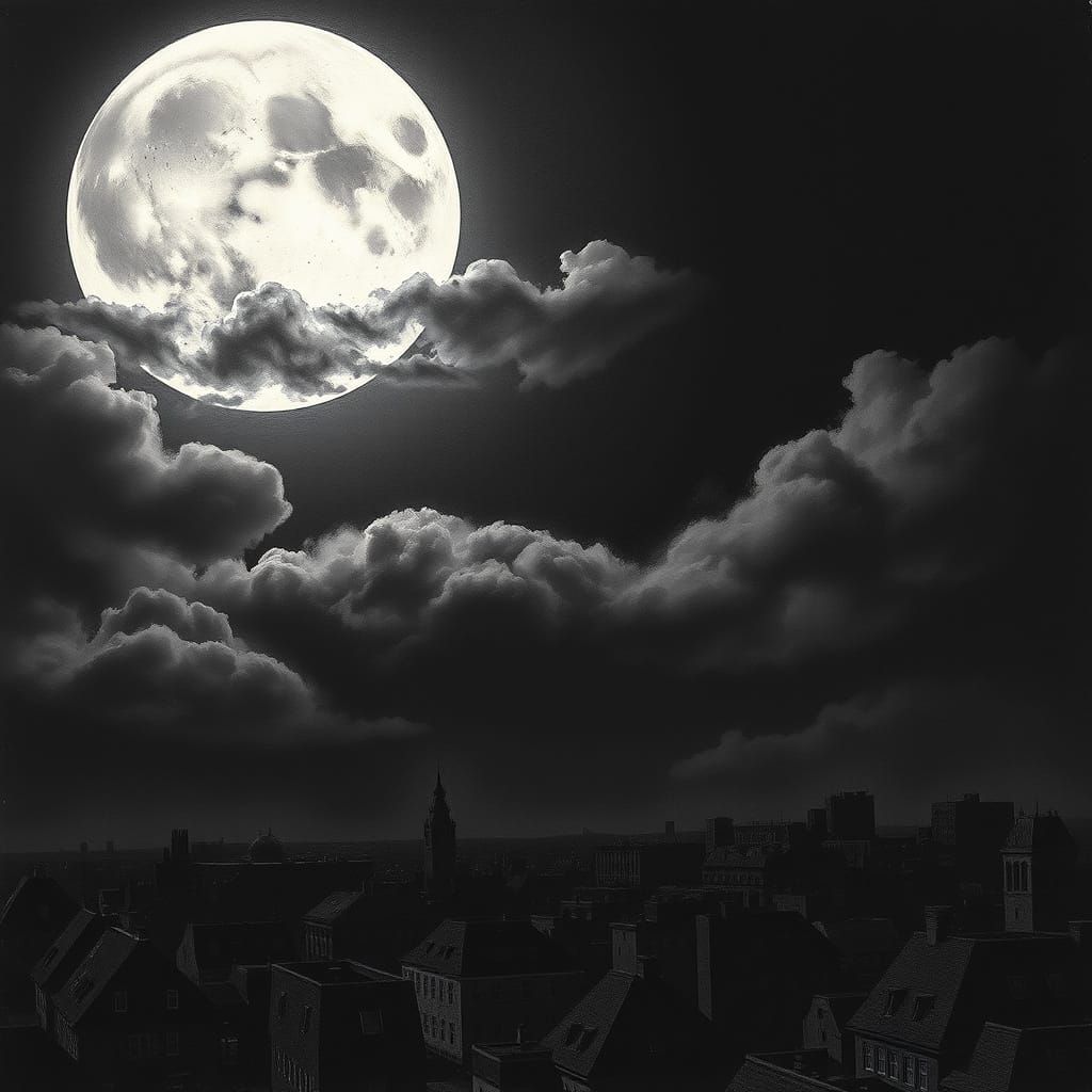 A full moon over a city scape with clouds, causing the pareidolia of a skull to smear itself over the face of the moon