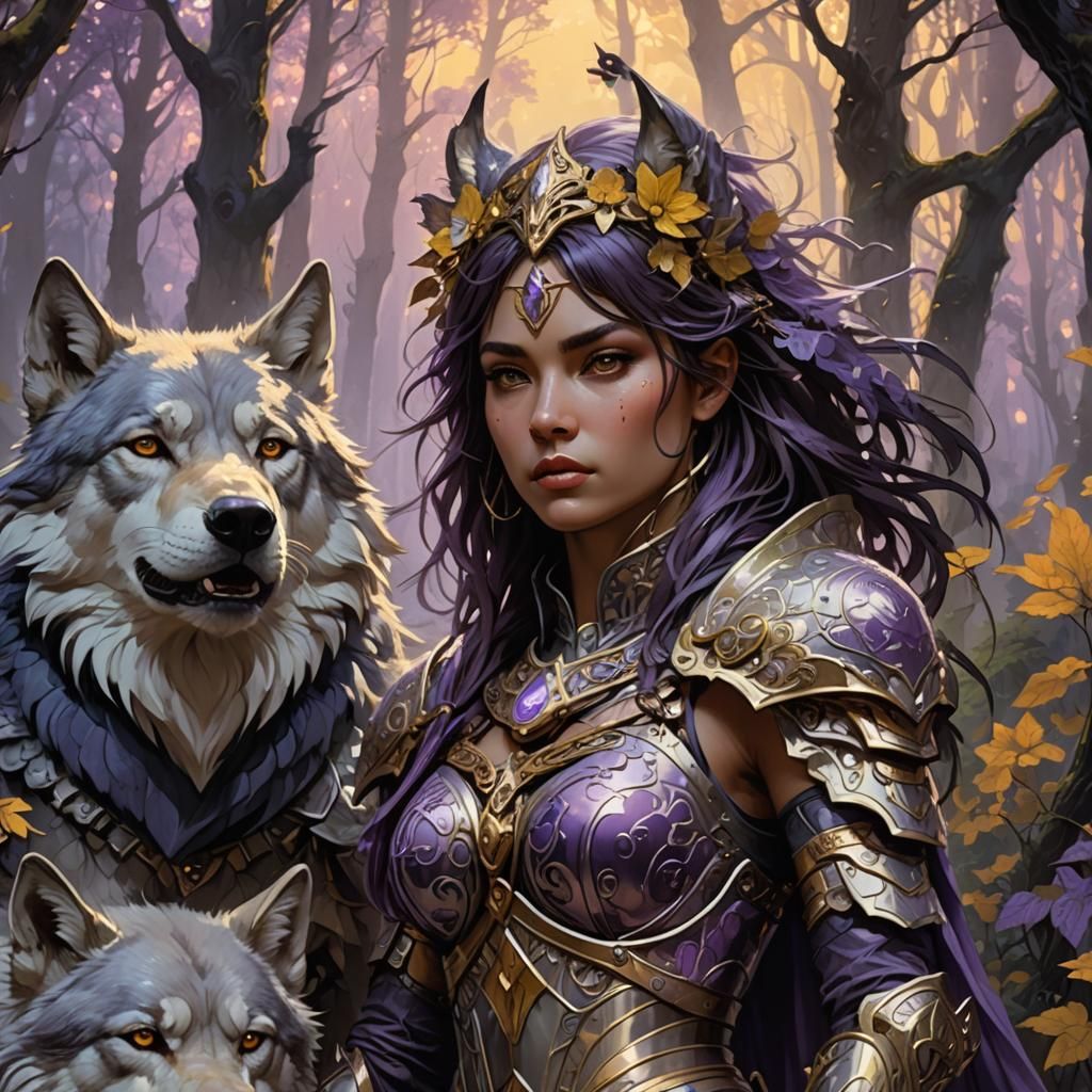 Erotic Fantasy Warrior with Wolf in Dark Fantasy Art