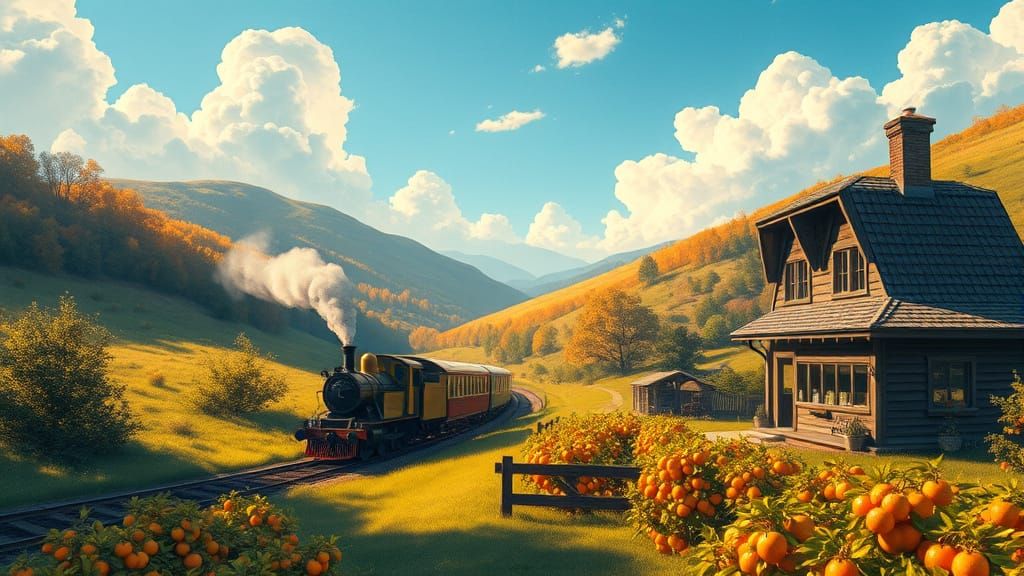 Steam Train in Orange Valley Landscape Art