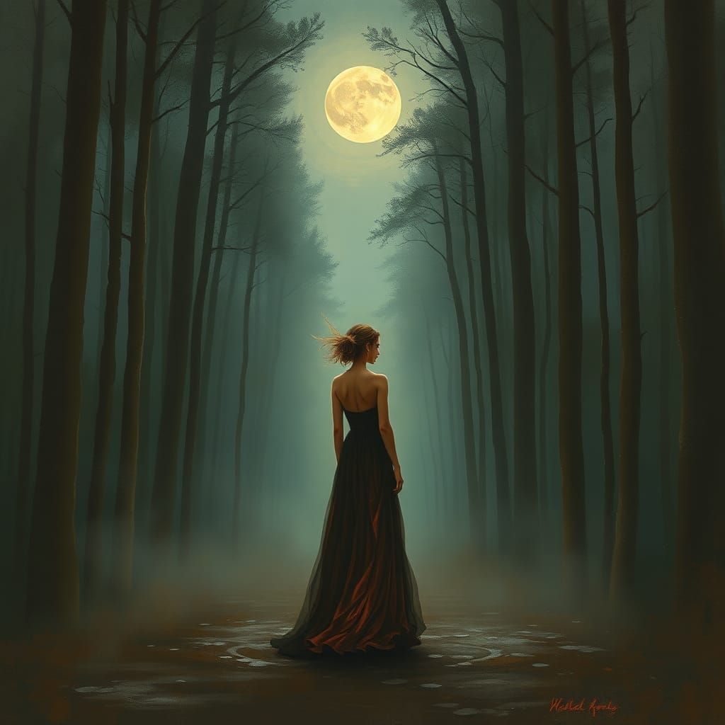 Woman in Misty Forest: Earthy Tones and Realistic Lighting