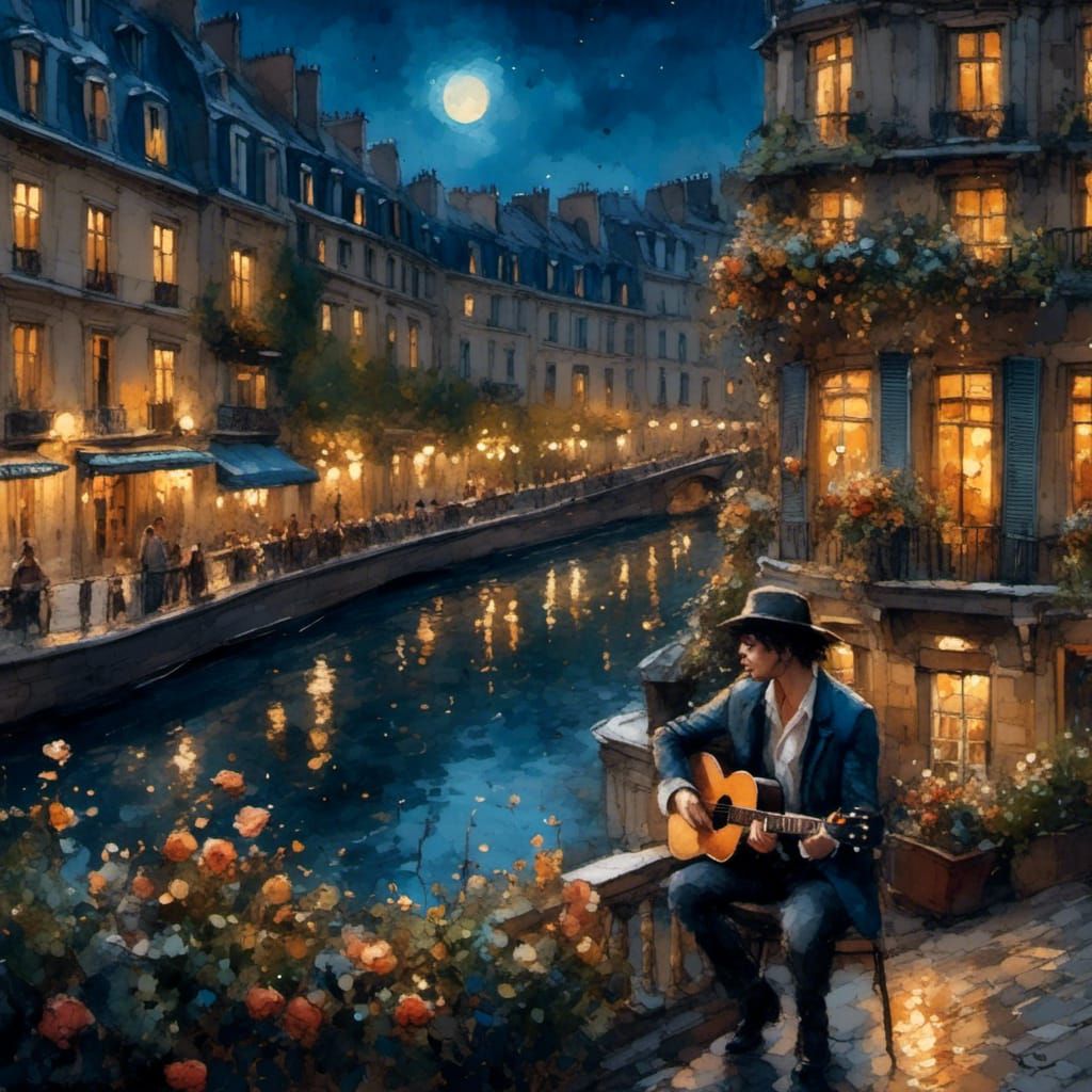 Parisian Guitarist on Blue Moon Night as Twilight Painting