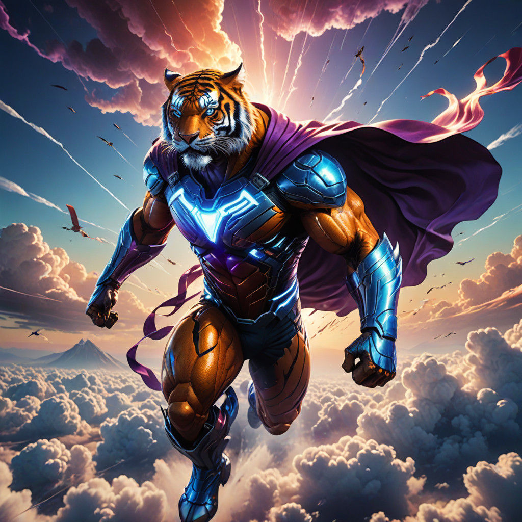 Majestic Tiger Superhero Soars Through Dreamlike Skies
