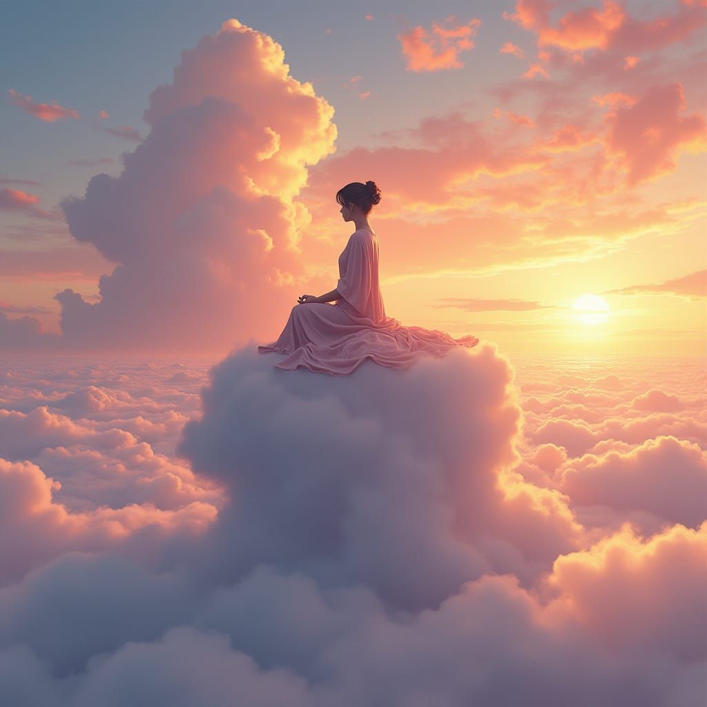 Woman Meditating on Cloud Island at Sunset