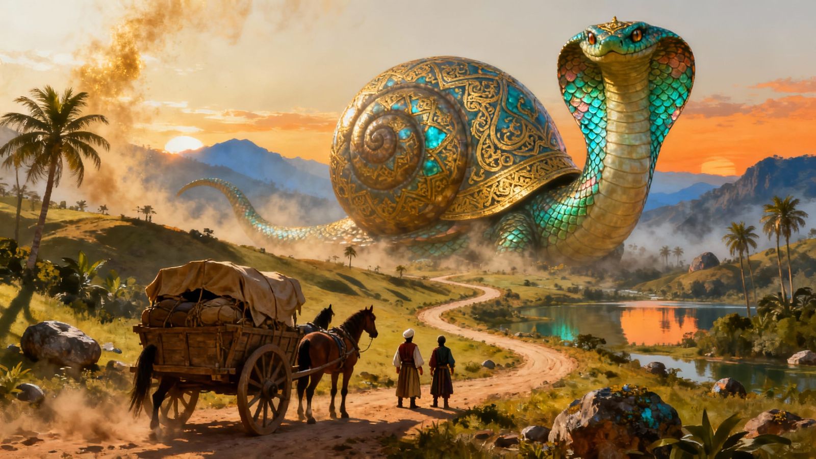 Giant Cobra-Snail Hybrid in Romantic Landscape Painting