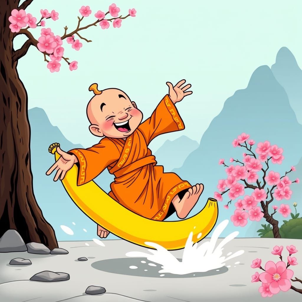 Buddhist Monk Falls Comically on Banana Peel in Vibrant Cart...