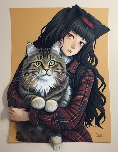 Decadent Girl with Siberian Cat Ink Drawing