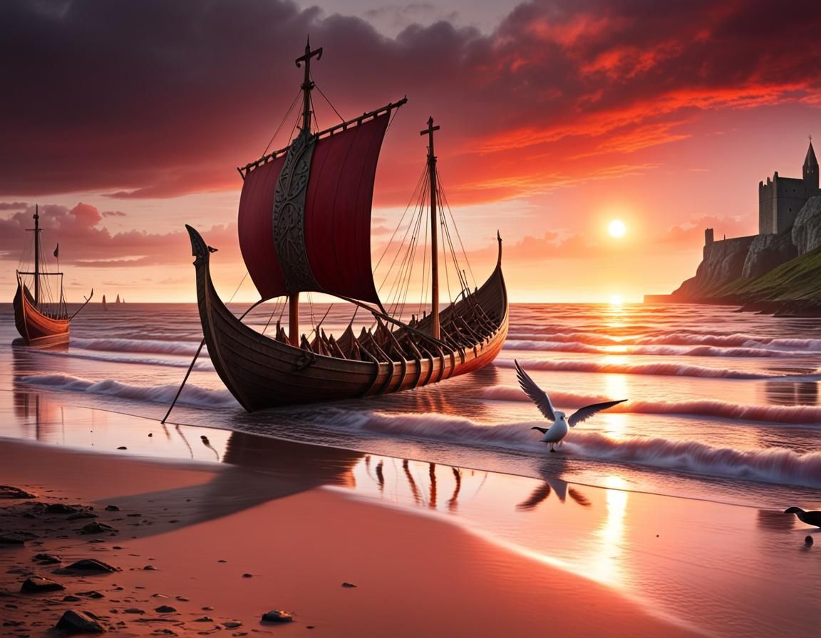 Vikings Landing at Sunset on British Coast