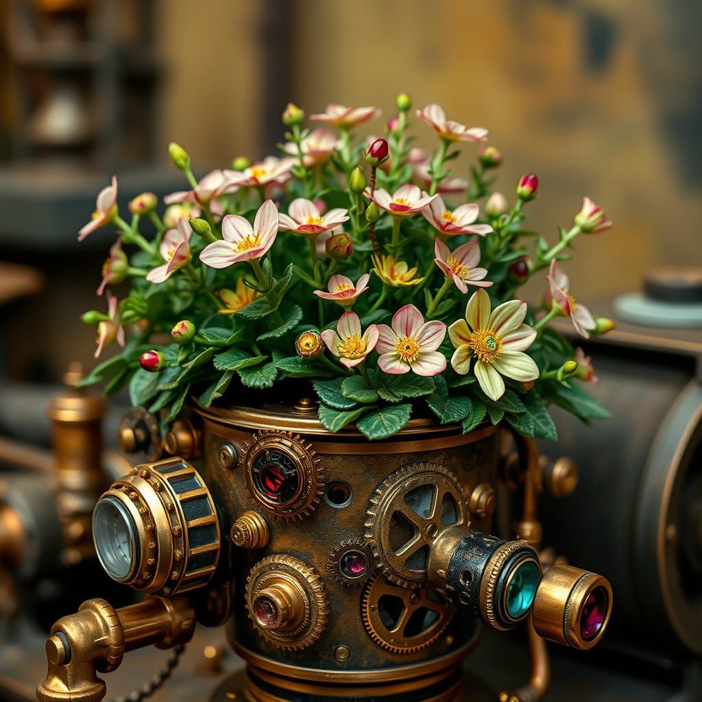 Steampunk Floral Still Life with Brass and Gemstones