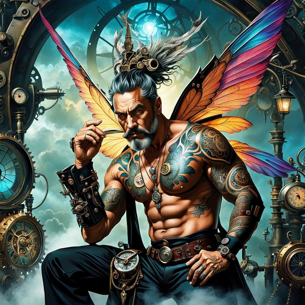 Tattooed male steampunk fairy