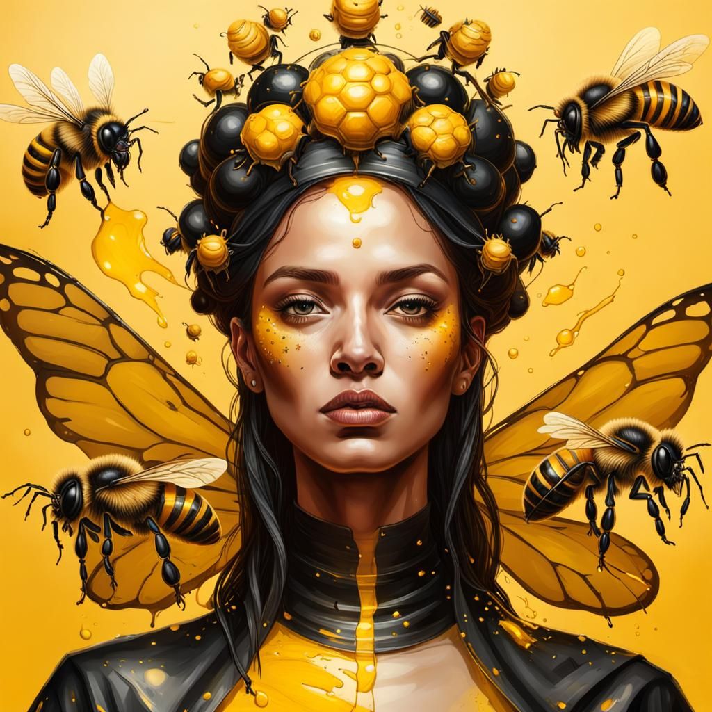 Hyperrealistic Queen Bee with Honey and Bees
