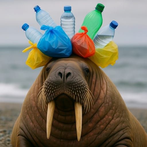 Walrus Wears Plastic Waste Headdress