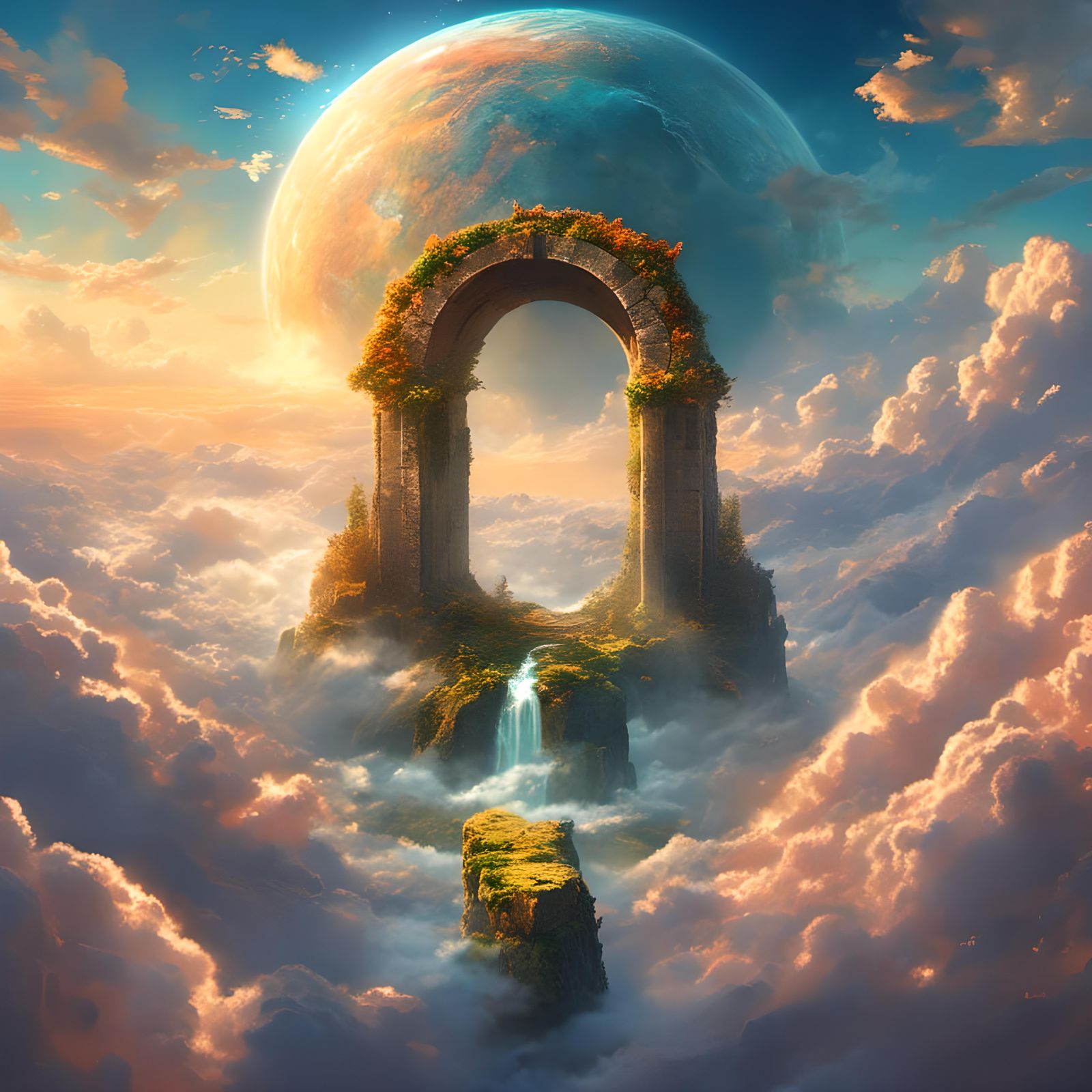 Ancient Stone Portal Floating Above Clouds