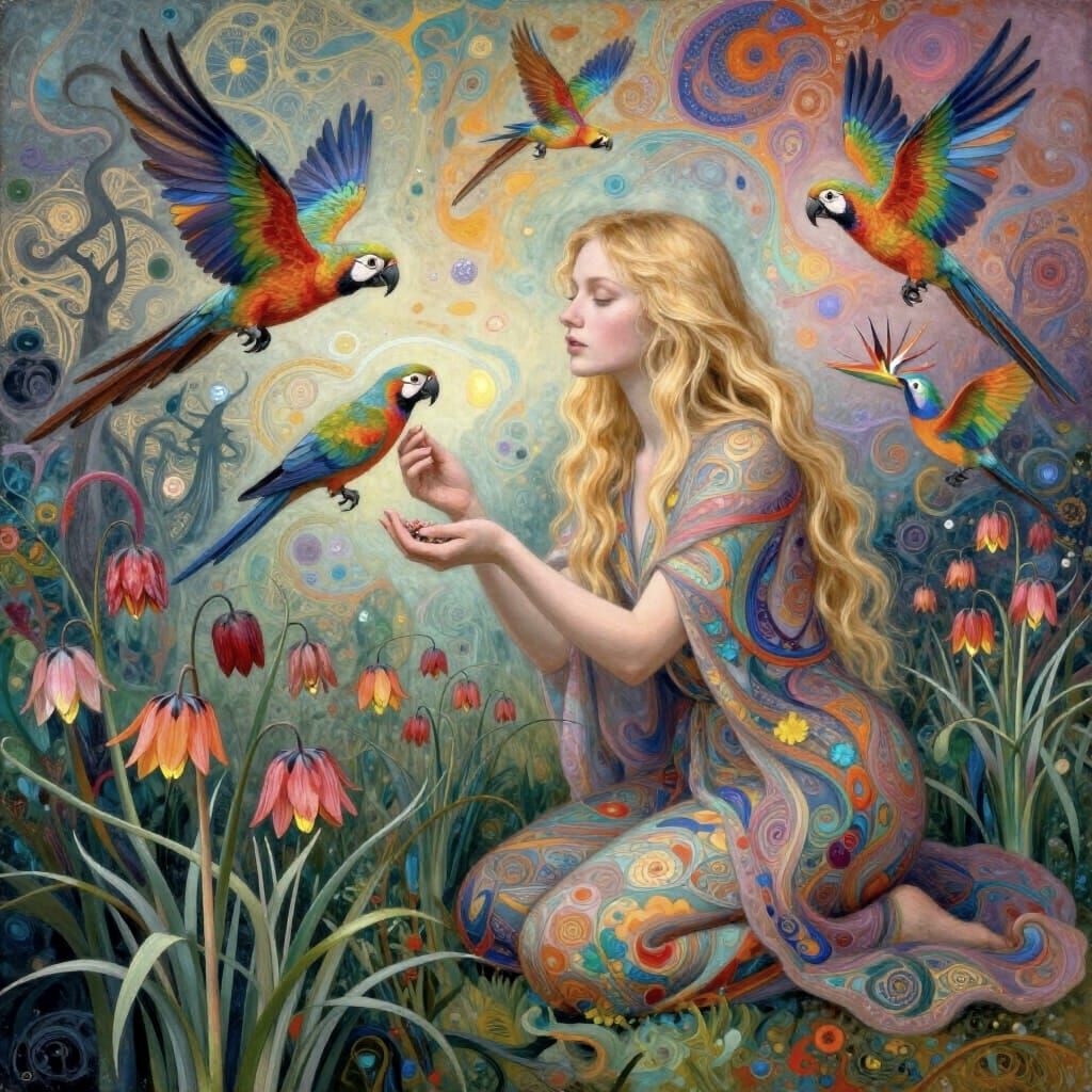 Woman Tending to Iridescent Parrots in Lush Garden