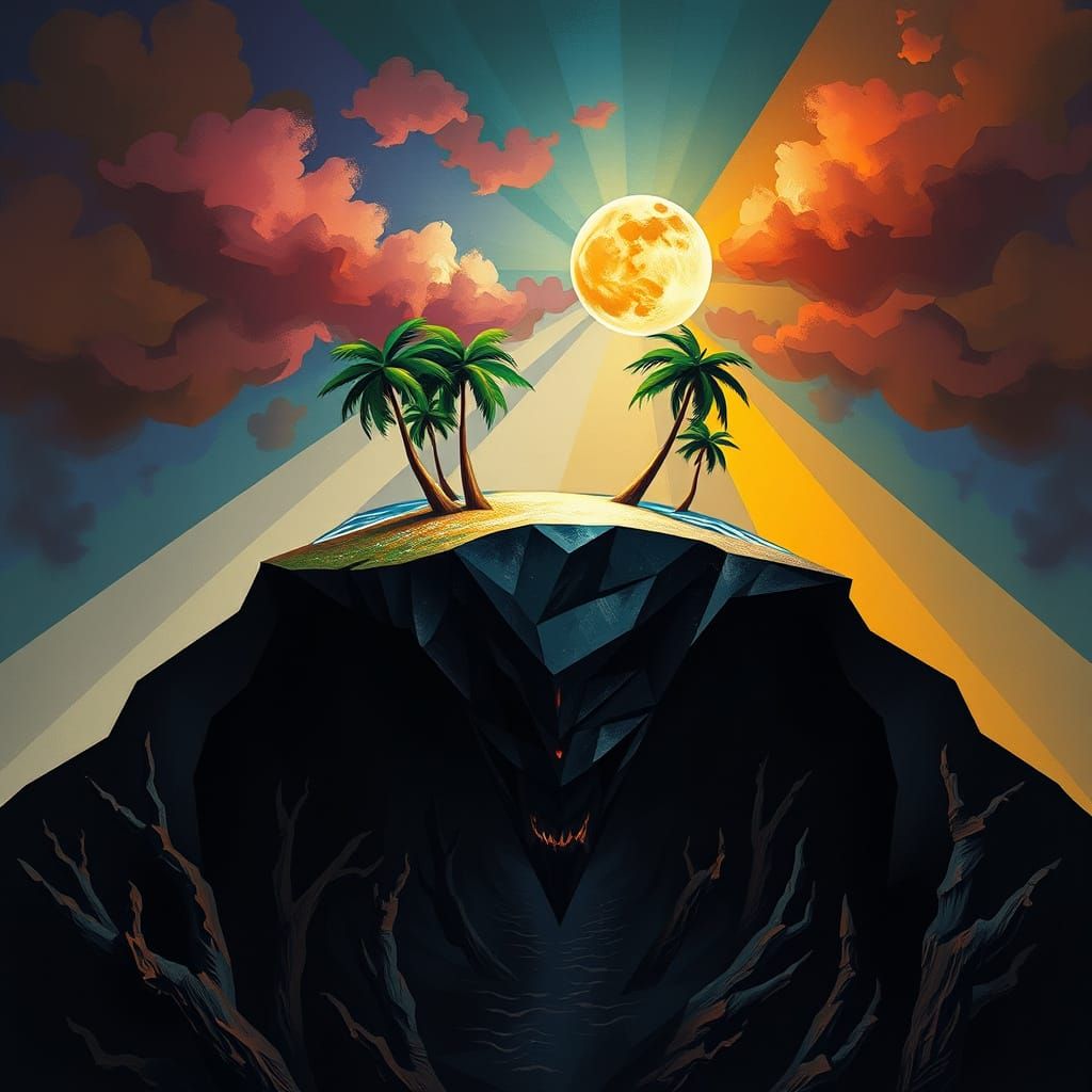 Floating Island Paradise Above Hellscape in Cubist Style