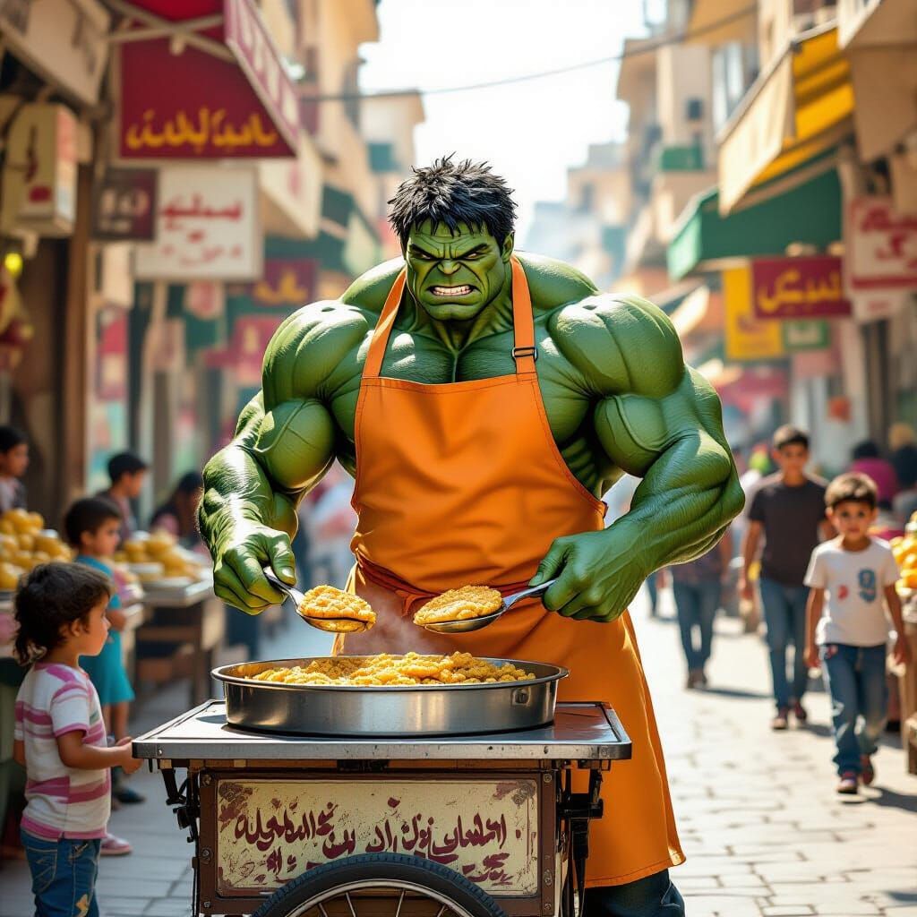 The Hulk Serving Falafel in Amman, Detailed Comic Art