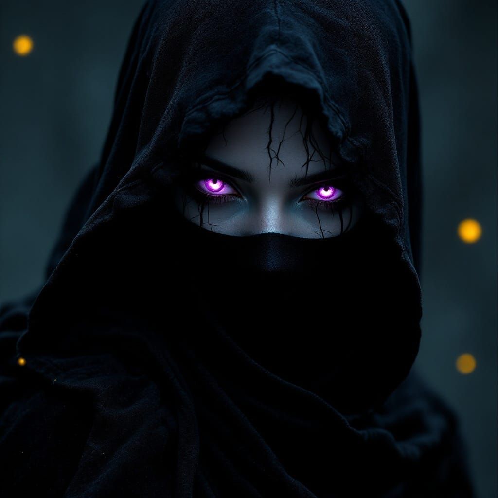 Dark Fantasy Sorceress in Ebony Cloak with Radiant Purple Ey...