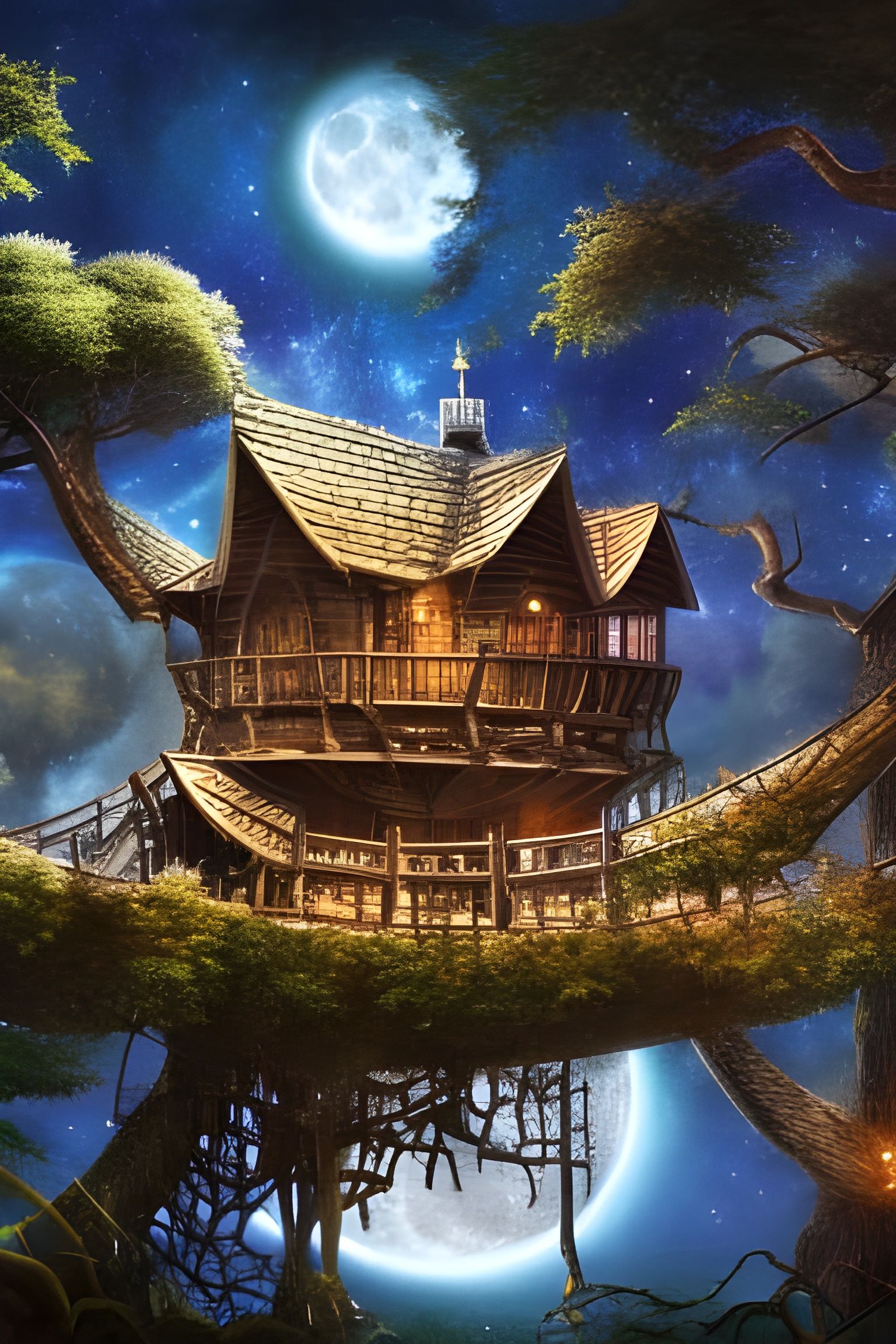Moon Treehouse at Night: Detailed Digital Illustration