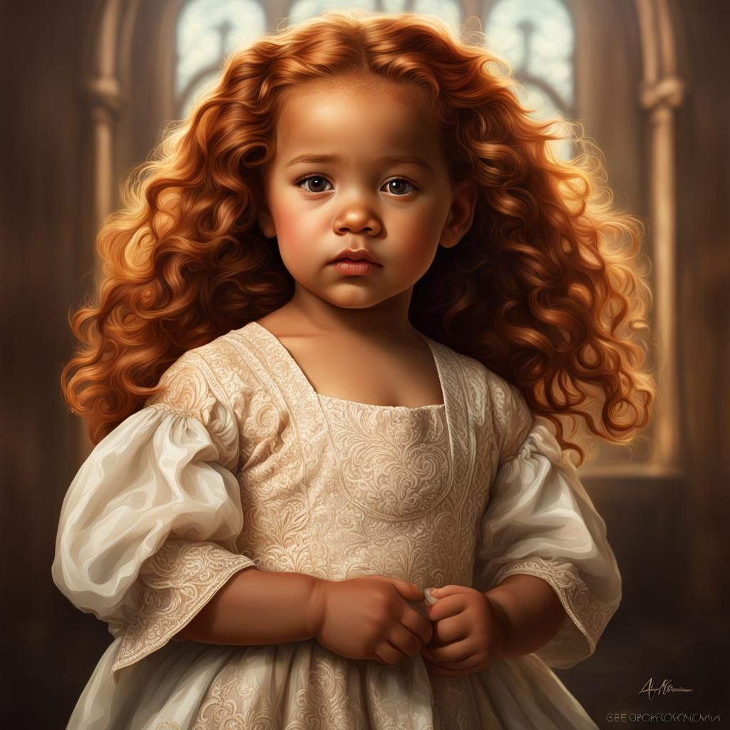 Toddler Portrait with Long Ginger Hair, Detailed Digital Art