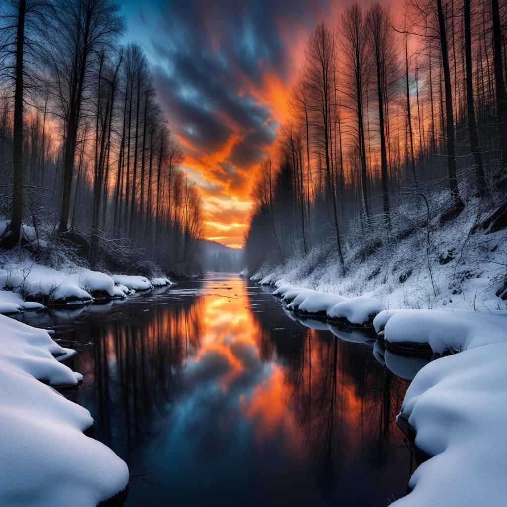 Snowy Forest River at Sunset in Dramatic Style