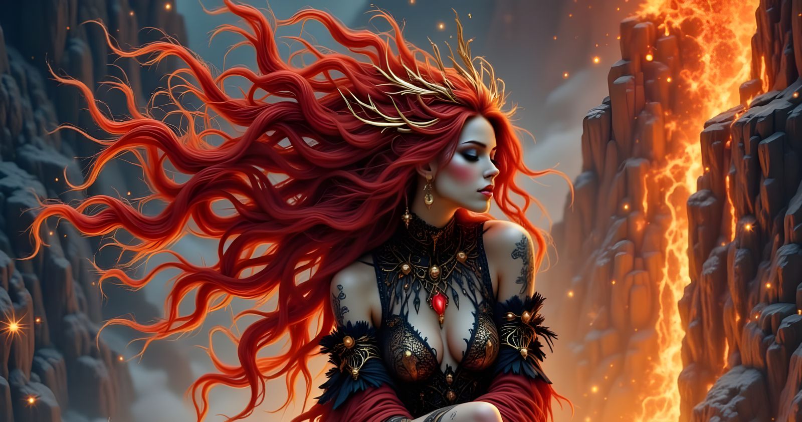 Dragon Queen on Volcanic Throne: Hyperdetailed Art