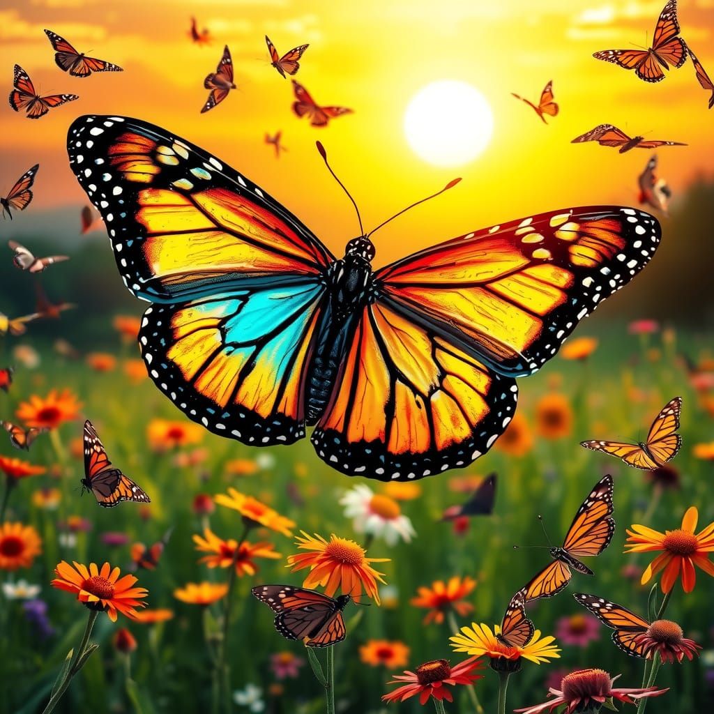 Majestic Monarch Butterfly in Vibrant Iridescent Blues and O...
