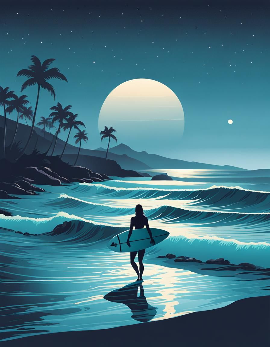 Pastel Poster of Female Surfer at Night