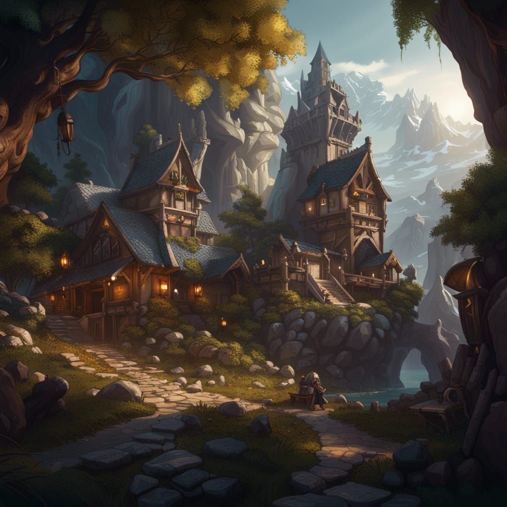 Epic Fantasy Landscape with Wizard, Dwarves and Elves