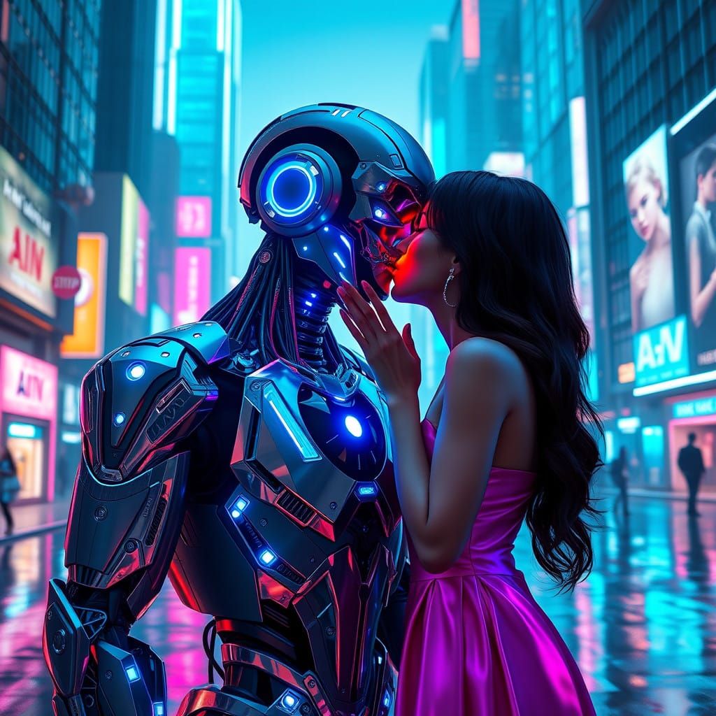 Macho AI Robot Blushes in Awkward Kiss with Elegant Lady in...
