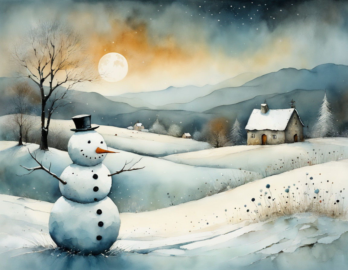 Whimsical Earth-Toned Winter Scene with a Snowman