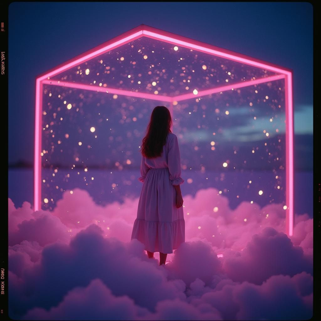 Girl in Purple Cube Lost in Retrofuturistic Cosmos
