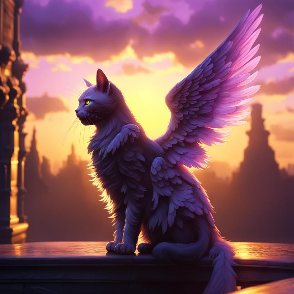 Winged Cat Soaring at Sunset: Fantasy Art